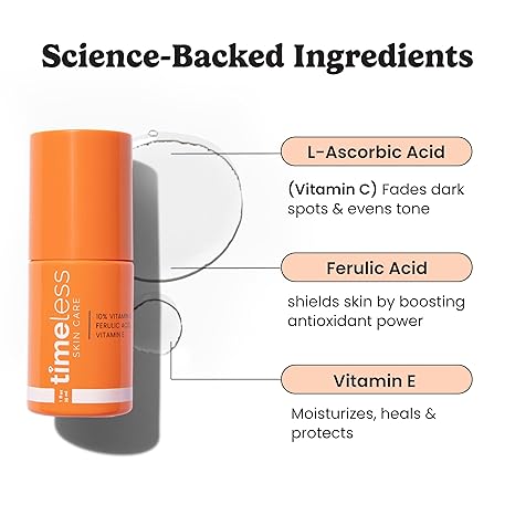 Timeless Skin Care Vitamin C Serum with Vitamin E & Ferulic Acid - Brightening Serum - for Oily & Dry Skin - Fragrance-Free - 1 oz