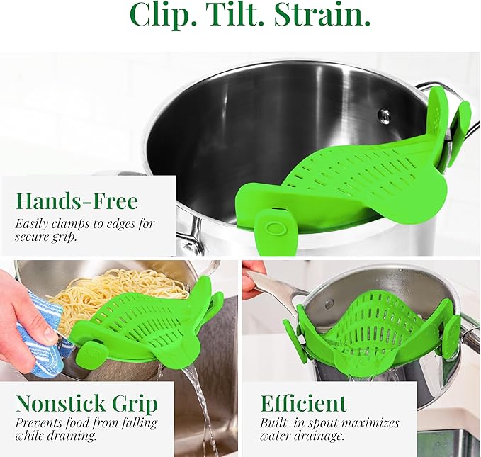 Kitchen Gizmo Snap N' Strain - Collapsible Colander - Clip-On Strainer for Pots and Pans, Cool Kitchen Gadgets - Essential Kitchen Finds and Cooking Tool - Easy to Use, Space-Saving Design, Green