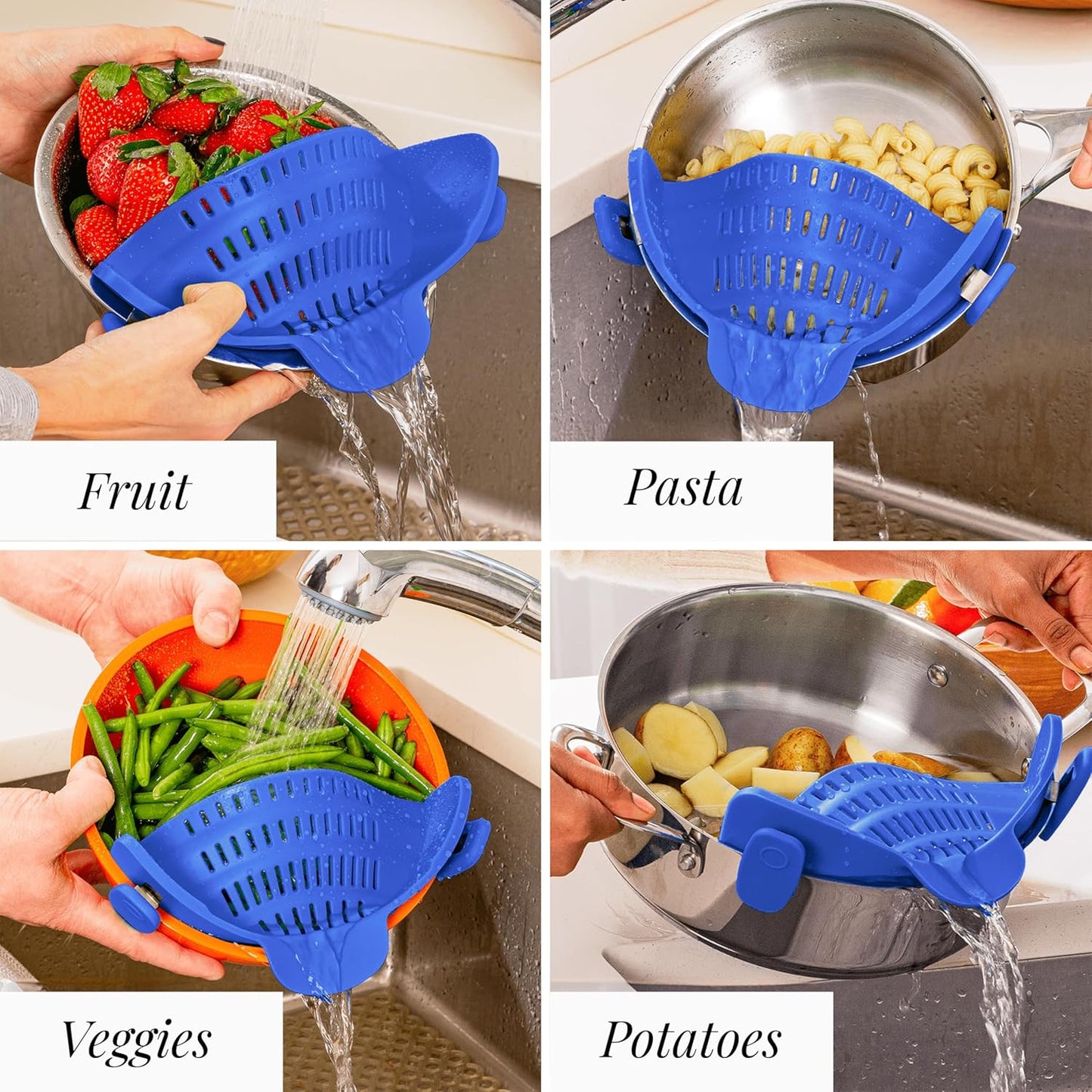 Kitchen Gizmo Snap N' Strain - Silicone Clip-On Strainer for Pots, Pans, and Bowls - Heat-Resistant Kitchen Gadgets, Essential Colander Drainer for Vegetables and Pasta - 7.87x2.76x4.53-Inch (Blue)