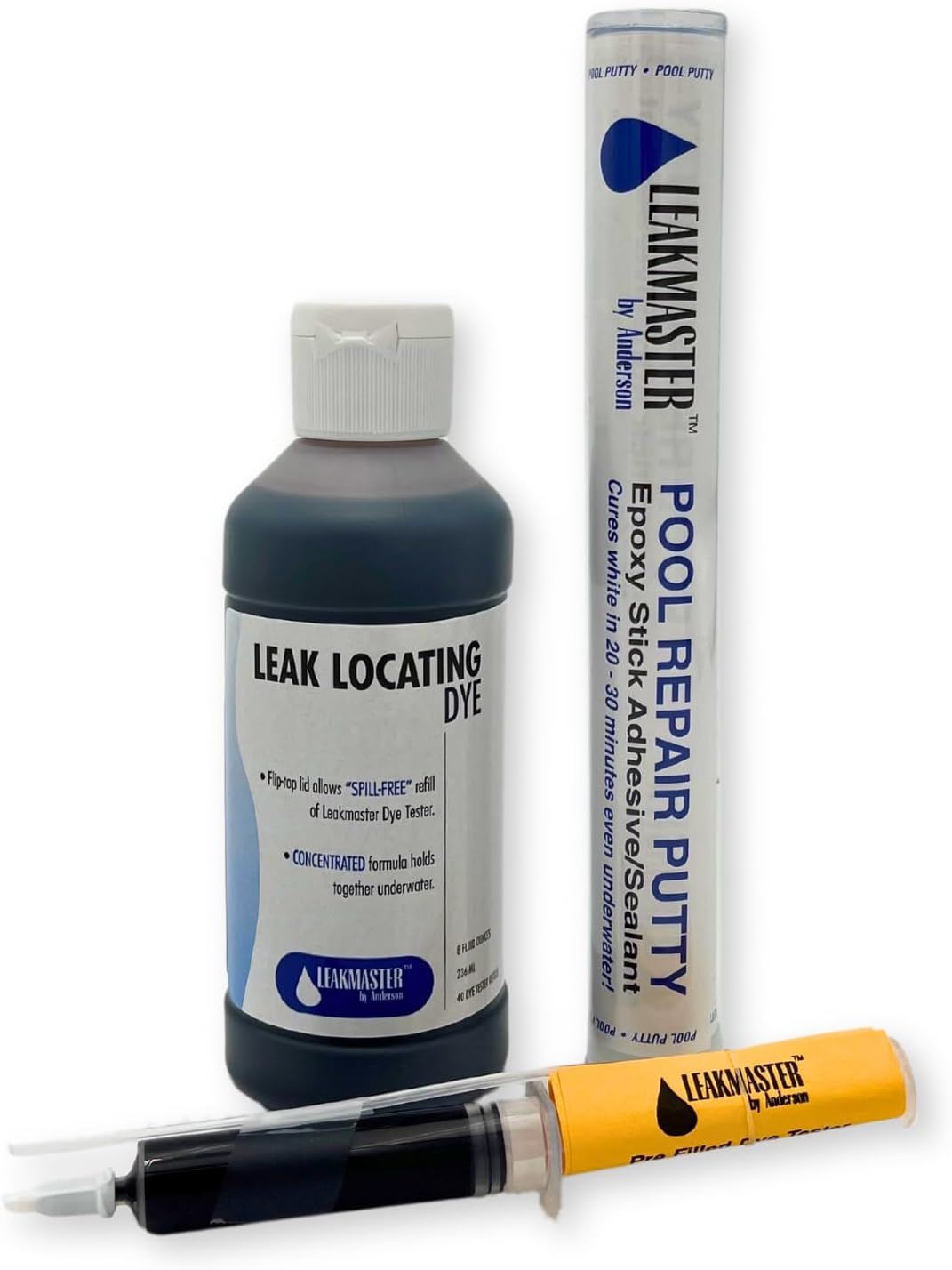 Swimming Pool Leak Detection & Repair Kit - Leak Dye Syringe and 8oz Refill Bottle, White Epoxy Putty Sealant