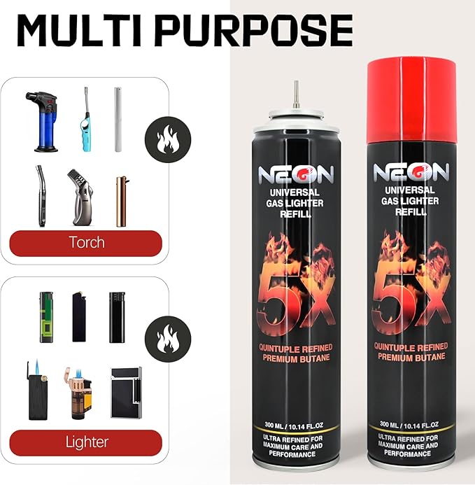 Neon Butane Fuel, 5X Butane Refill 300ml Butane Gas for Lighters, Torch (4)