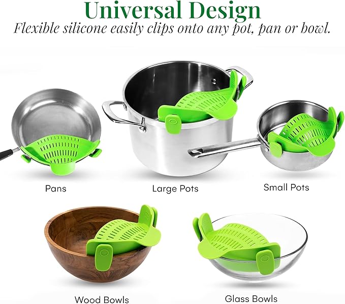 Kitchen Gizmo Snap N' Strain - Collapsible Colander - Clip-On Strainer for Pots and Pans, Cool Kitchen Gadgets - Essential Kitchen Finds and Cooking Tool - Easy to Use, Space-Saving Design, Green