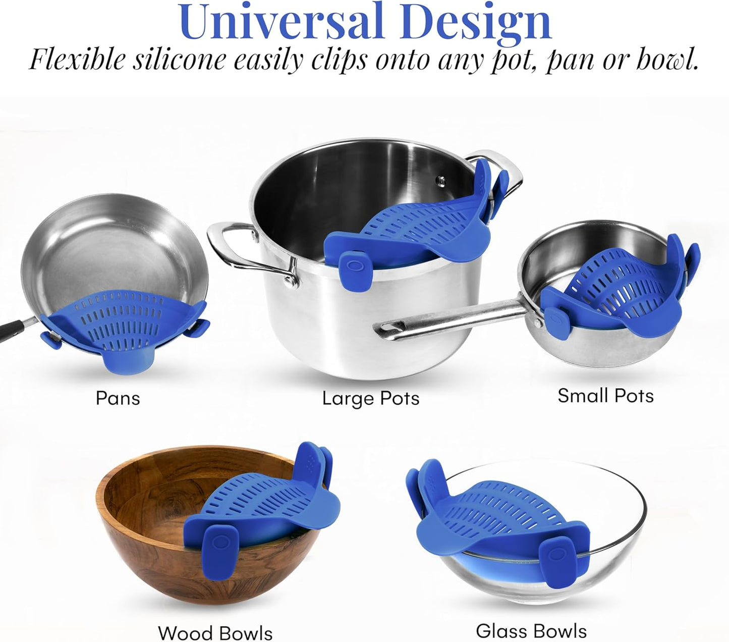 Kitchen Gizmo Snap N' Strain - Silicone Clip-On Strainer for Pots, Pans, and Bowls - Heat-Resistant Kitchen Gadgets, Essential Colander Drainer for Vegetables and Pasta - 7.87x2.76x4.53-Inch (Blue)