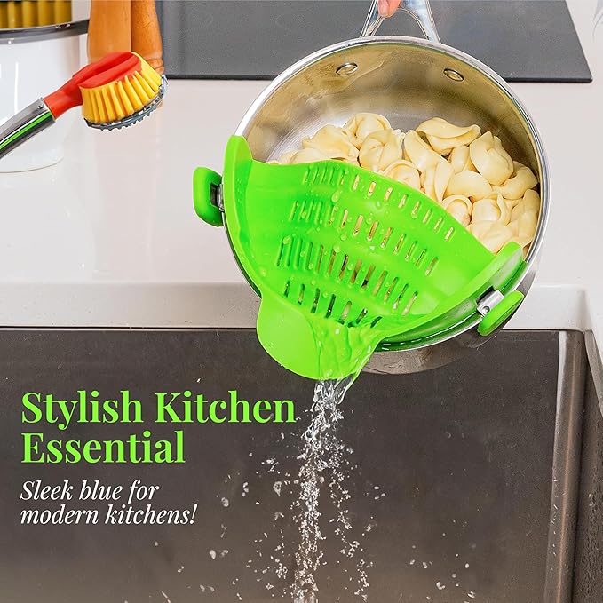 Kitchen Gizmo Snap N' Strain - Collapsible Colander - Clip-On Strainer for Pots and Pans, Cool Kitchen Gadgets - Essential Kitchen Finds and Cooking Tool - Easy to Use, Space-Saving Design, Green