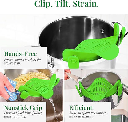 Kitchen Gizmo Snap N' Strain - Collapsible Colander - Clip-On Strainer for Pots and Pans, Cool Kitchen Gadgets - Essential Kitchen Finds and Cooking Tool - Easy to Use, Space-Saving Design, Green