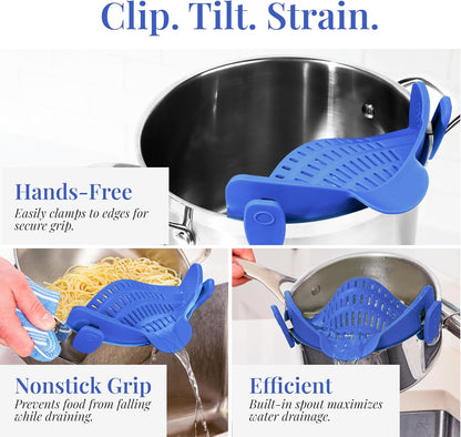 Kitchen Gizmo Snap N' Strain - Silicone Clip-On Strainer for Pots, Pans, and Bowls - Heat-Resistant Kitchen Gadgets, Essential Colander Drainer for Vegetables and Pasta - 7.87x2.76x4.53-Inch (Blue)