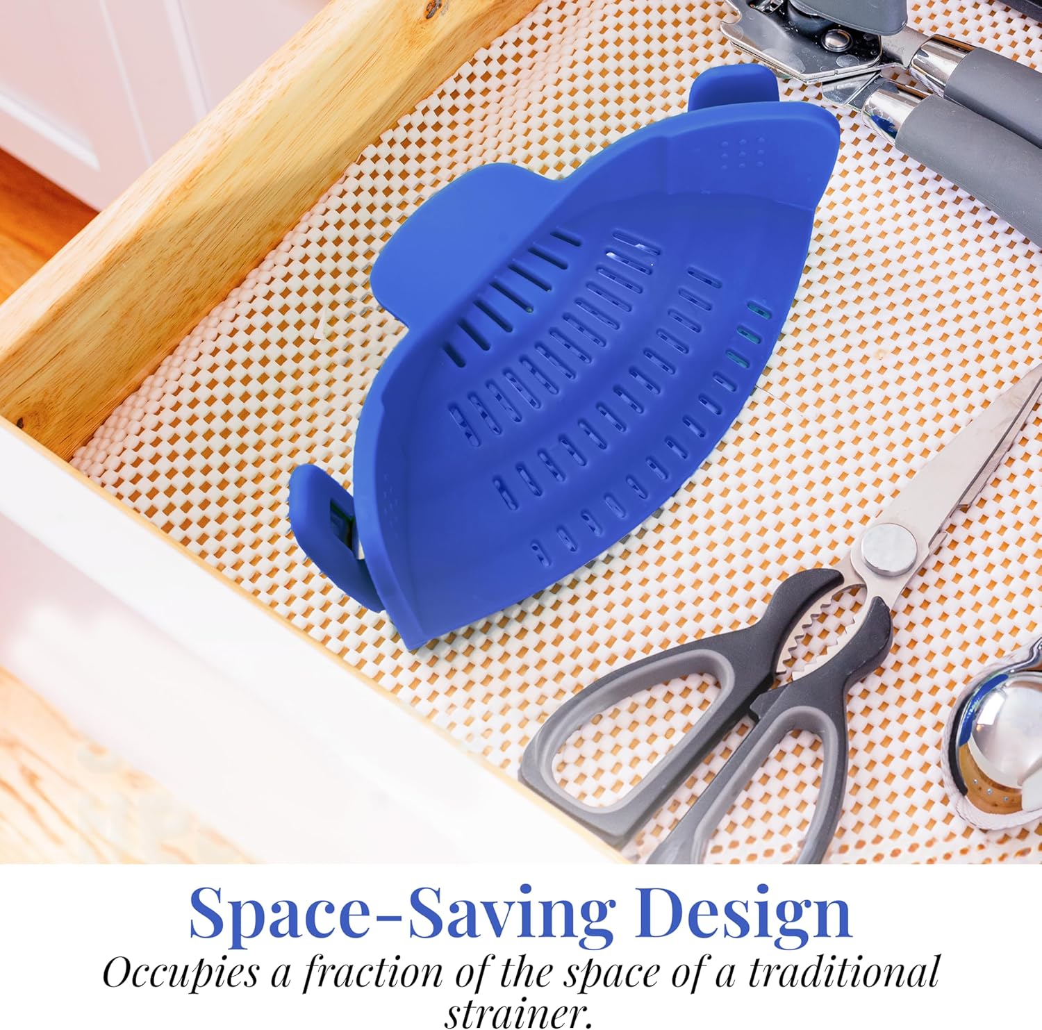 Kitchen Gizmo Snap N' Strain - Silicone Clip-On Strainer for Pots, Pans, and Bowls - Heat-Resistant Kitchen Gadgets, Essential Colander Drainer for Vegetables and Pasta - 7.87x2.76x4.53-Inch (Blue)