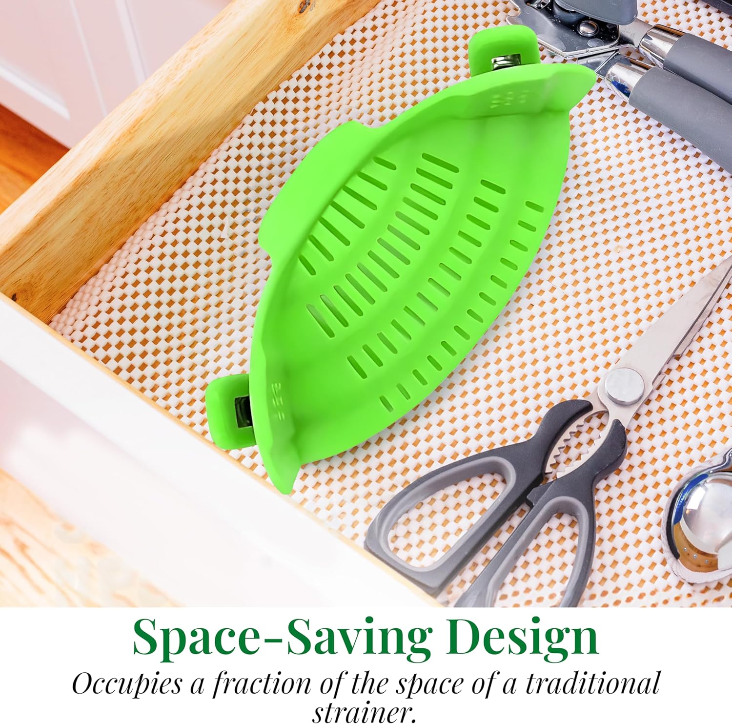 Kitchen Gizmo Snap N' Strain - Collapsible Colander - Clip-On Strainer for Pots and Pans, Cool Kitchen Gadgets - Essential Kitchen Finds and Cooking Tool - Easy to Use, Space-Saving Design, Green