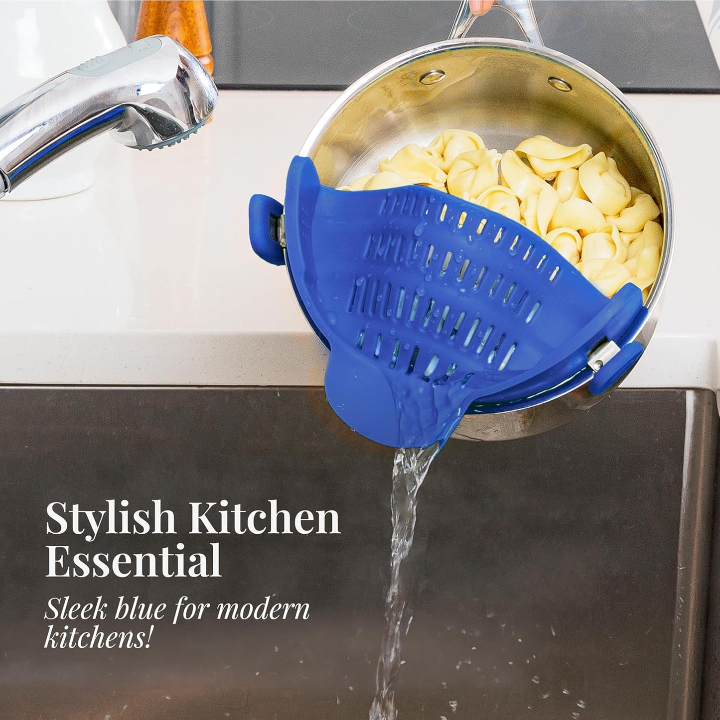 Kitchen Gizmo Snap N' Strain - Silicone Clip-On Strainer for Pots, Pans, and Bowls - Heat-Resistant Kitchen Gadgets, Essential Colander Drainer for Vegetables and Pasta - 7.87x2.76x4.53-Inch (Blue)