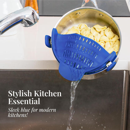 Kitchen Gizmo Snap N' Strain - Silicone Clip-On Strainer for Pots, Pans, and Bowls - Heat-Resistant Kitchen Gadgets, Essential Colander Drainer for Vegetables and Pasta - 7.87x2.76x4.53-Inch (Blue)
