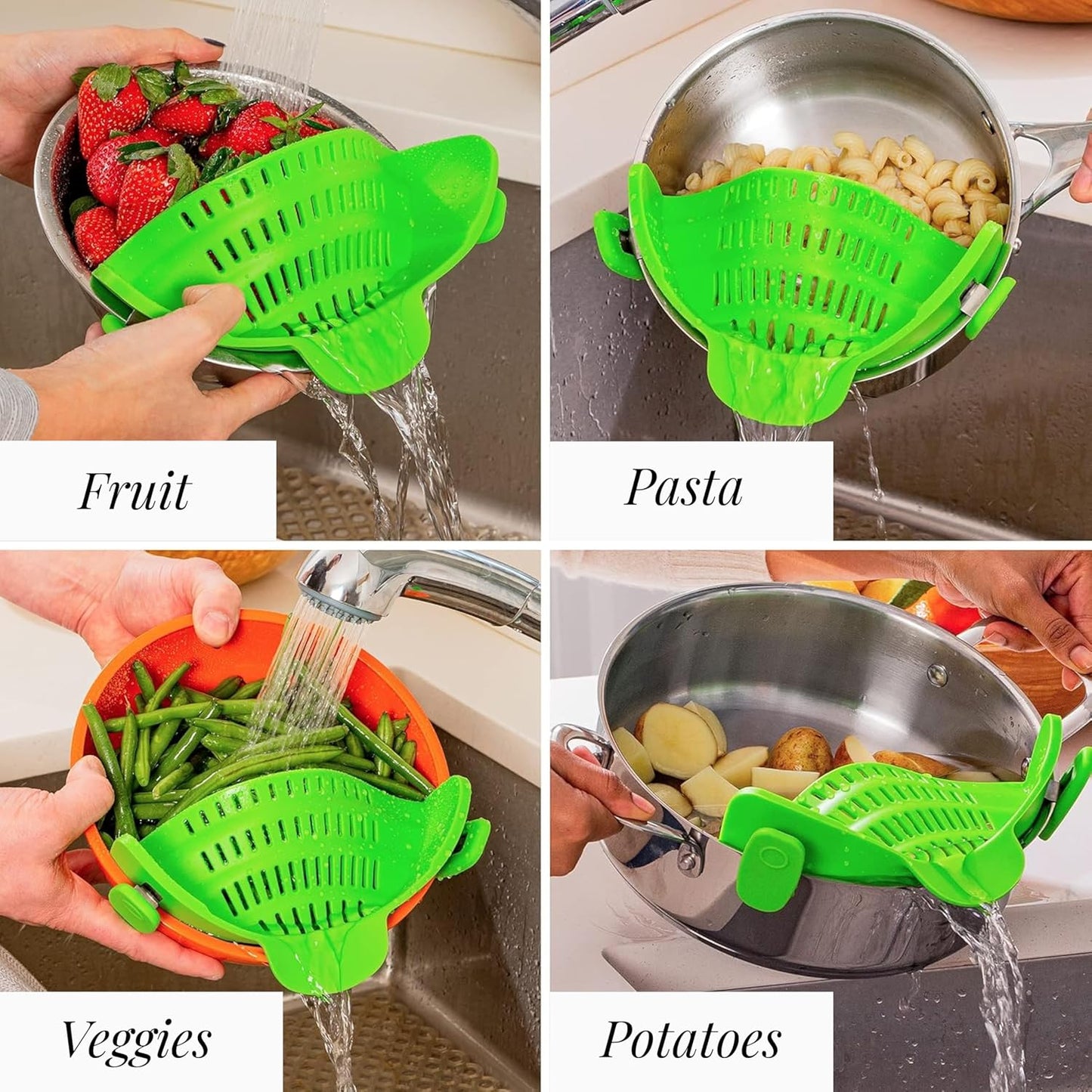 Kitchen Gizmo Snap N' Strain - Collapsible Colander - Clip-On Strainer for Pots and Pans, Cool Kitchen Gadgets - Essential Kitchen Finds and Cooking Tool - Easy to Use, Space-Saving Design, Green